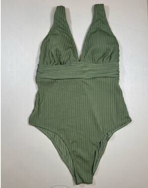 NWT Cupshe One-Piece Swimsuit | Olive Green Ribbed V-Neck ‎ | Size Medium